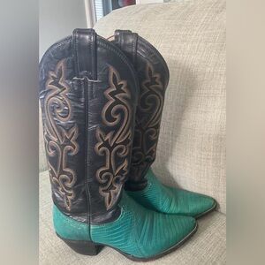 Vintage 6.5 Justin Turquoise Iguana Lizard Western Cowboy Boots Made in USA